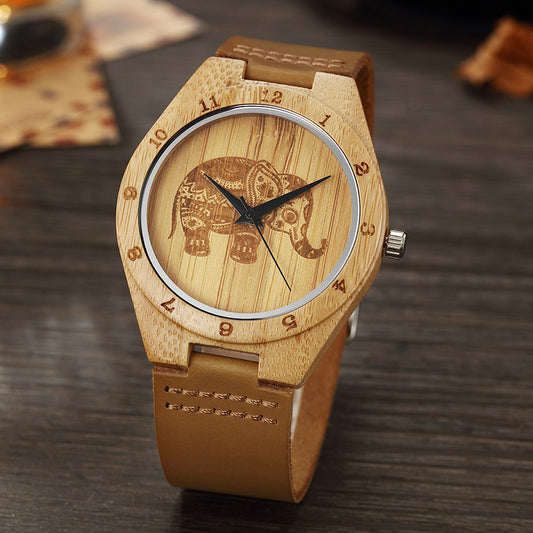 Montre à quartz en bois de bambou simple rétro en cuir éléphant classique