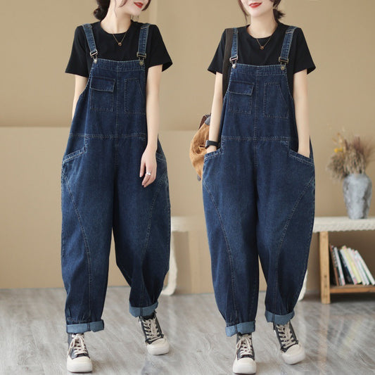 Real-time solid color denim casual suspender overalls