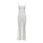 Lace bodycon dress with round neck and openwork fishtail